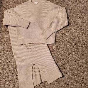 Ecru Ribbed Sweater and Midi Skirt set